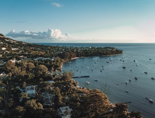 an aerial view of boats in the water